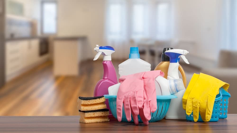 Cleaning supplies in a vacation rental highlighting our commitment to housekeeping and cleanliness in vacation rental management.