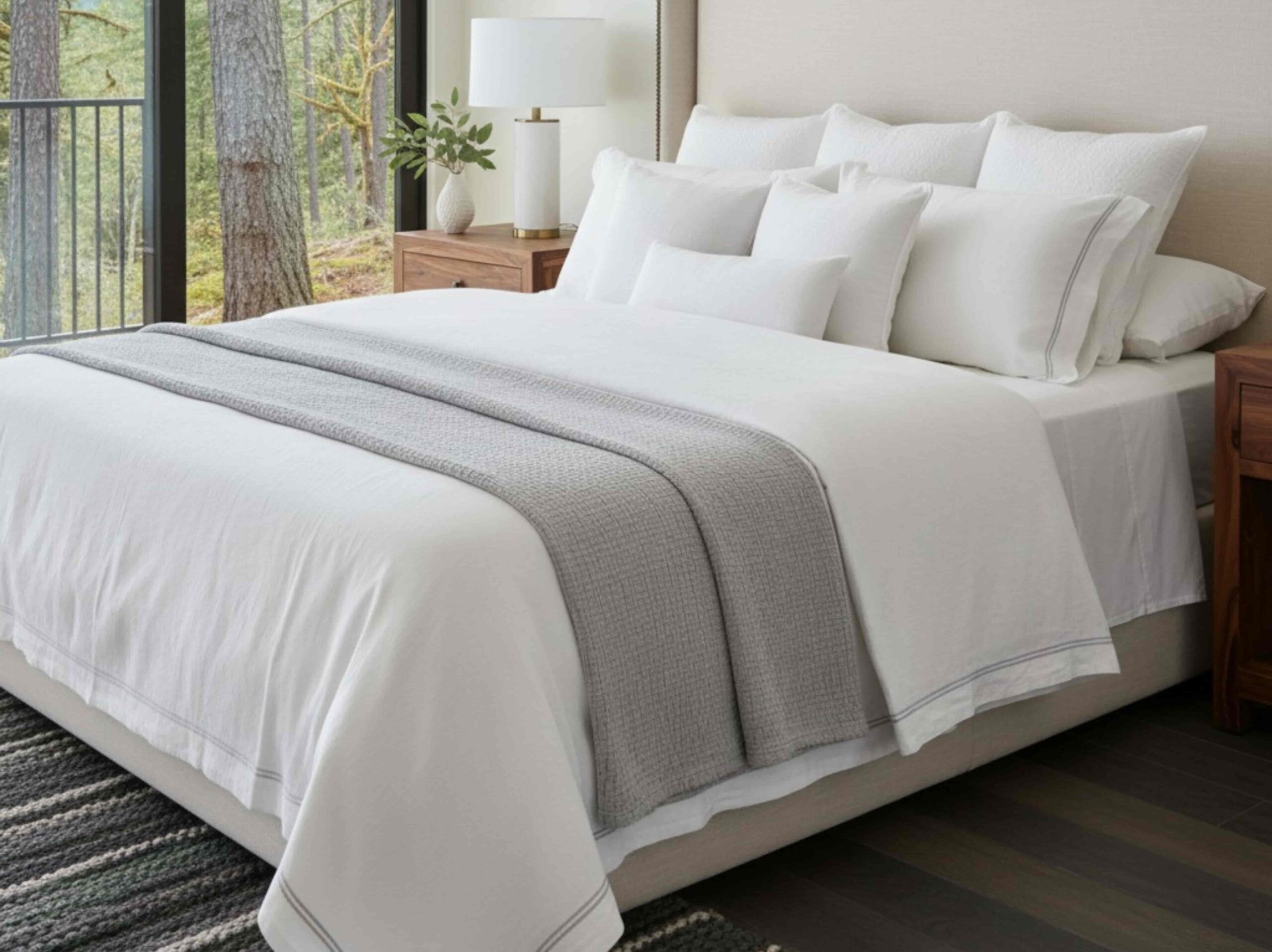 Fresh hotel-grade linens prepared in a bright PNW bedroom